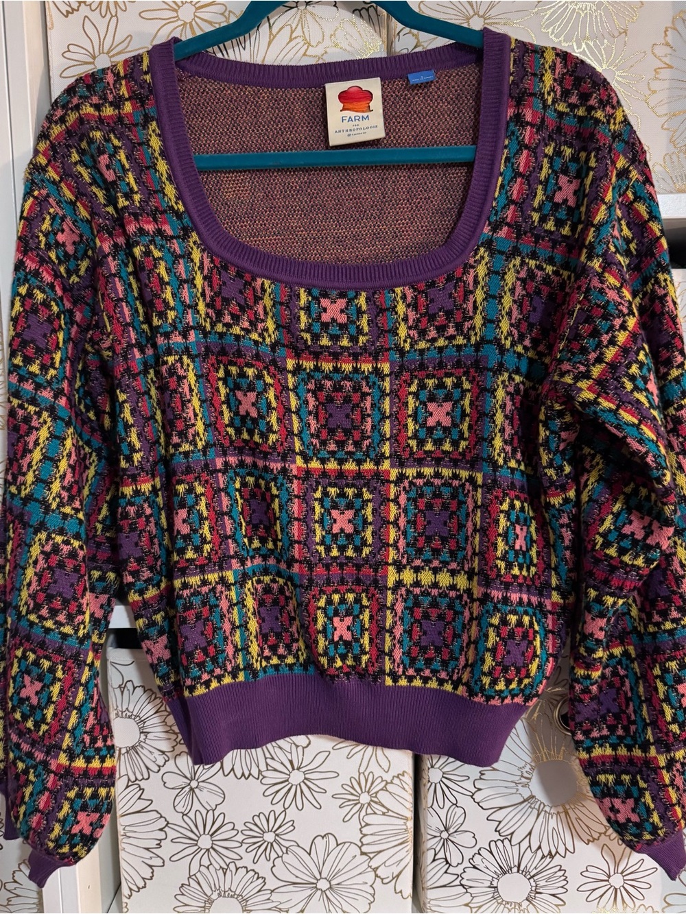 Farm Rio x Anthropologie Patchwork Crochet Geometric Sweater